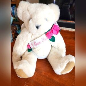 16" White Vermont Teddy Bear Plush Angel with Blue Eyes I Love You Rose Sash UEC
